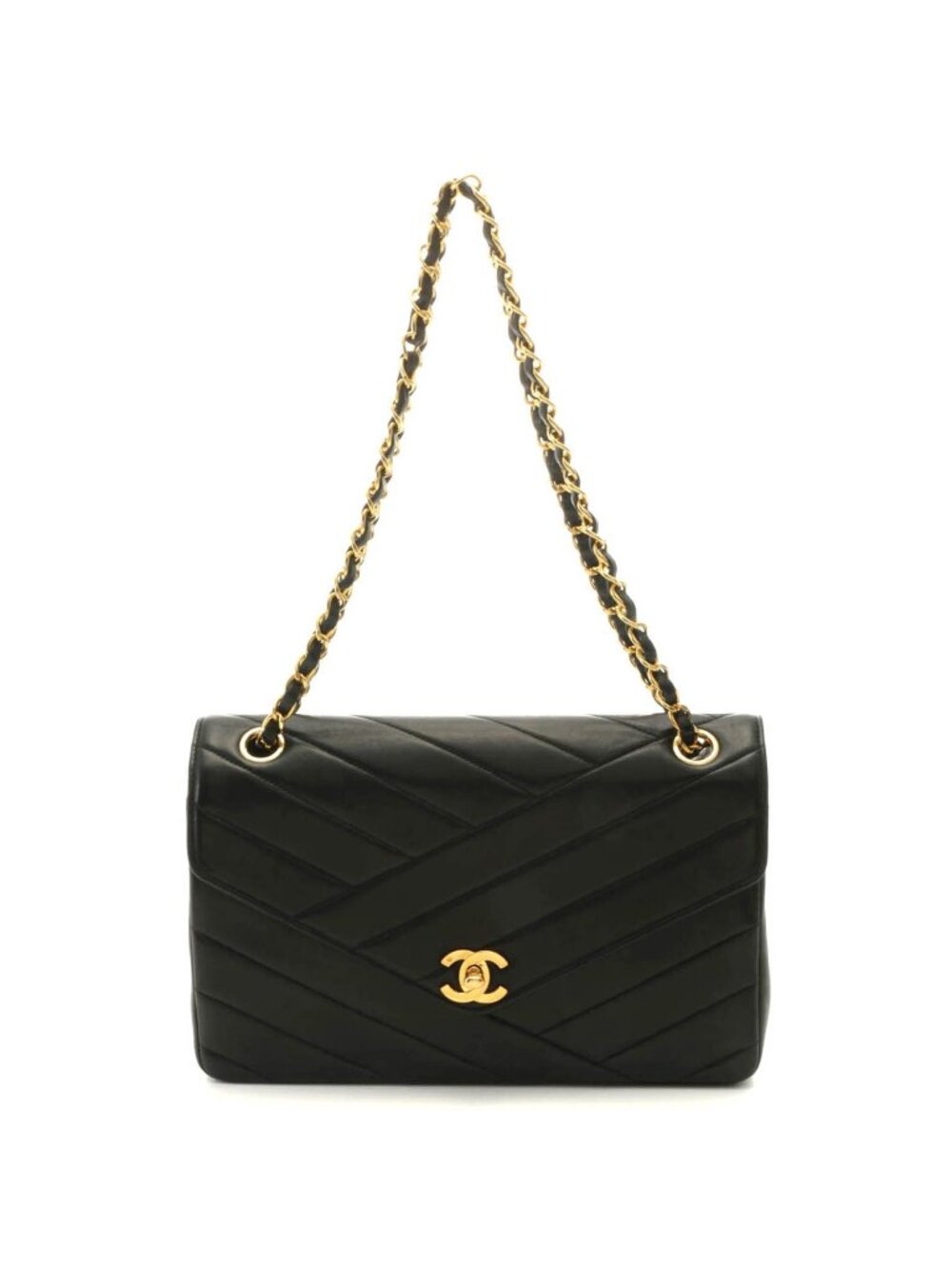 Chanel Bias Stitch 25 Chain Shoulder Bag Black Lambskin